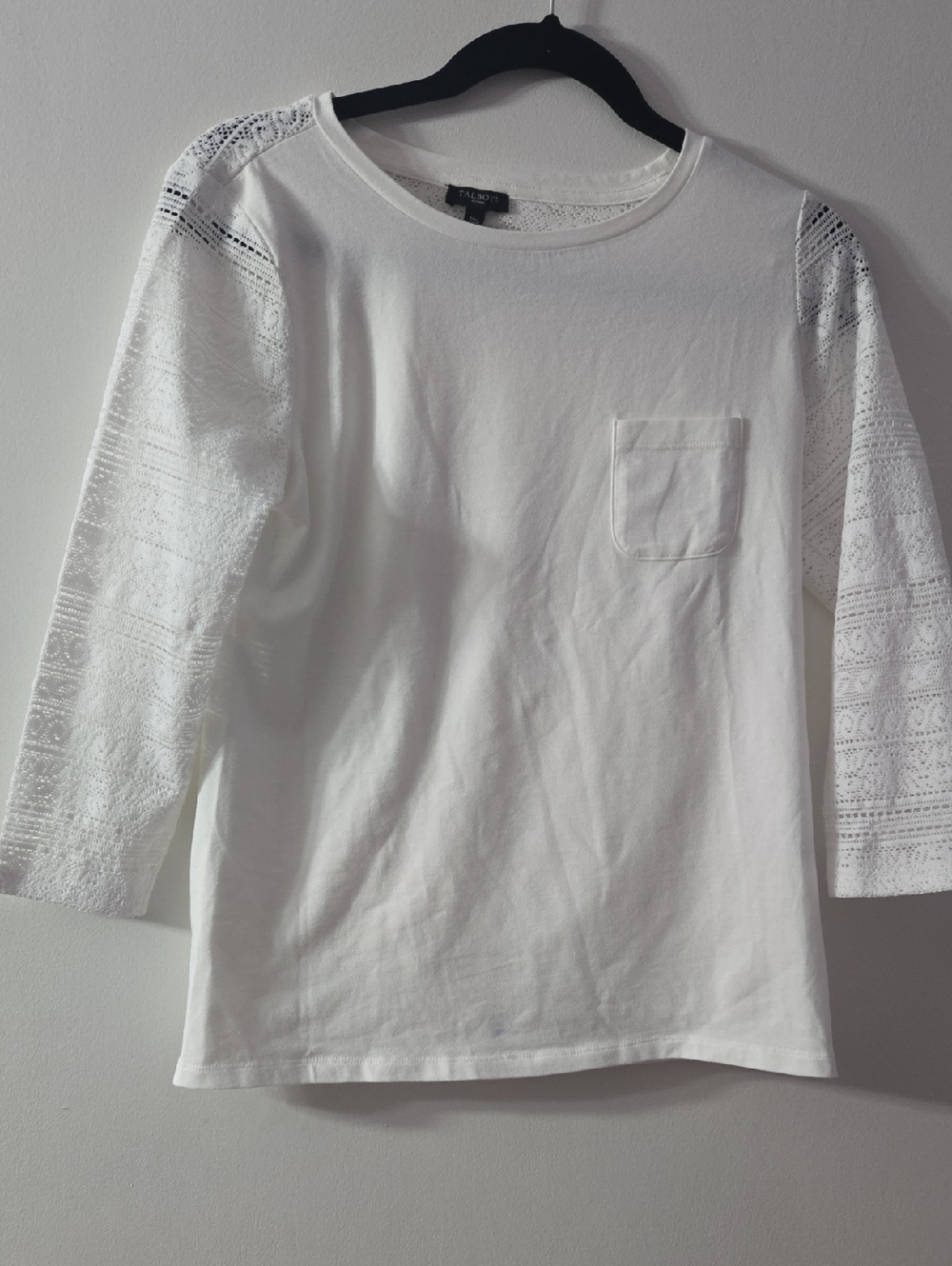Talbots White Lace-Sleeve Long-Sleeve Pocket Top